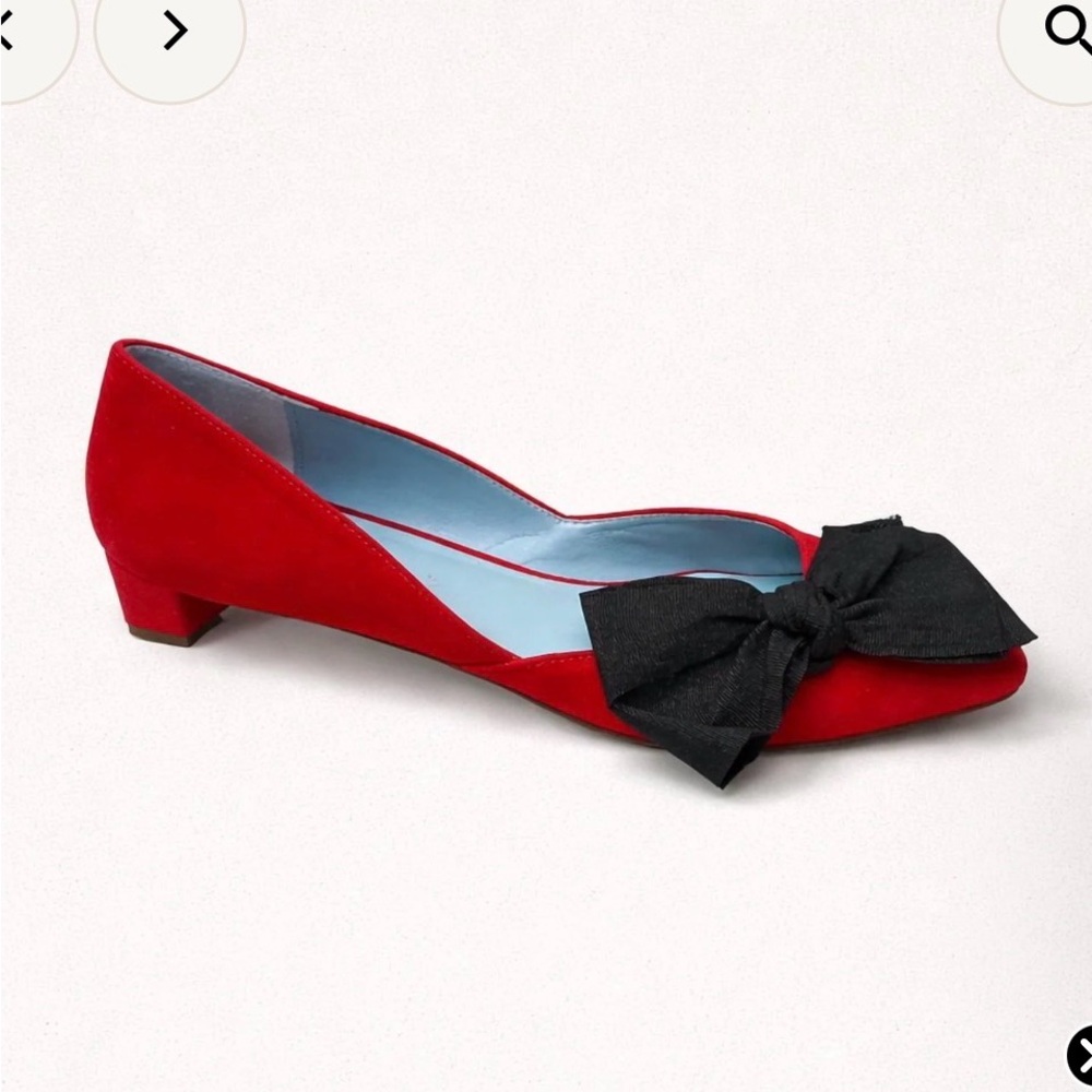 Frances Valentine Red Suede Pointed Flats with Black Bow Accent  NWT.